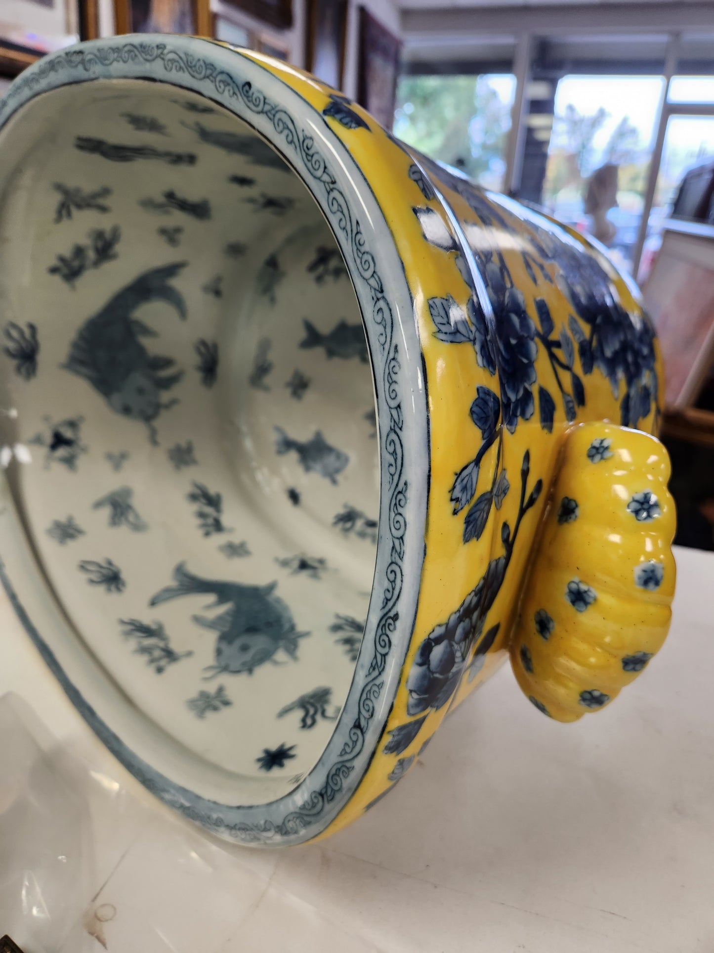 Beautiful Blue and Yellow Fish Bowl Vessel with Handles