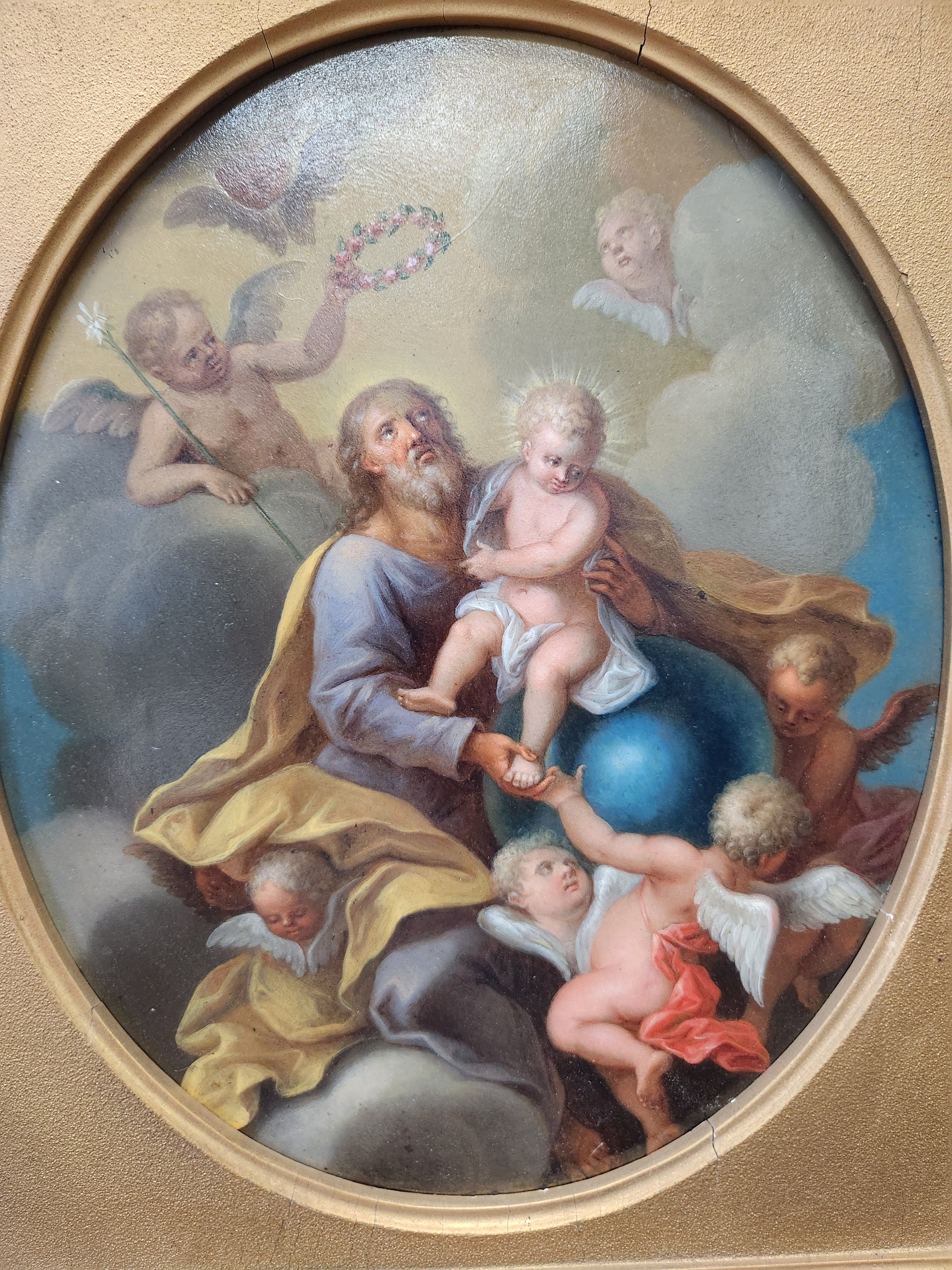 Fine oil painting of Christ by Bergmuller with Joseph in Glory in a Gilt Frame.
