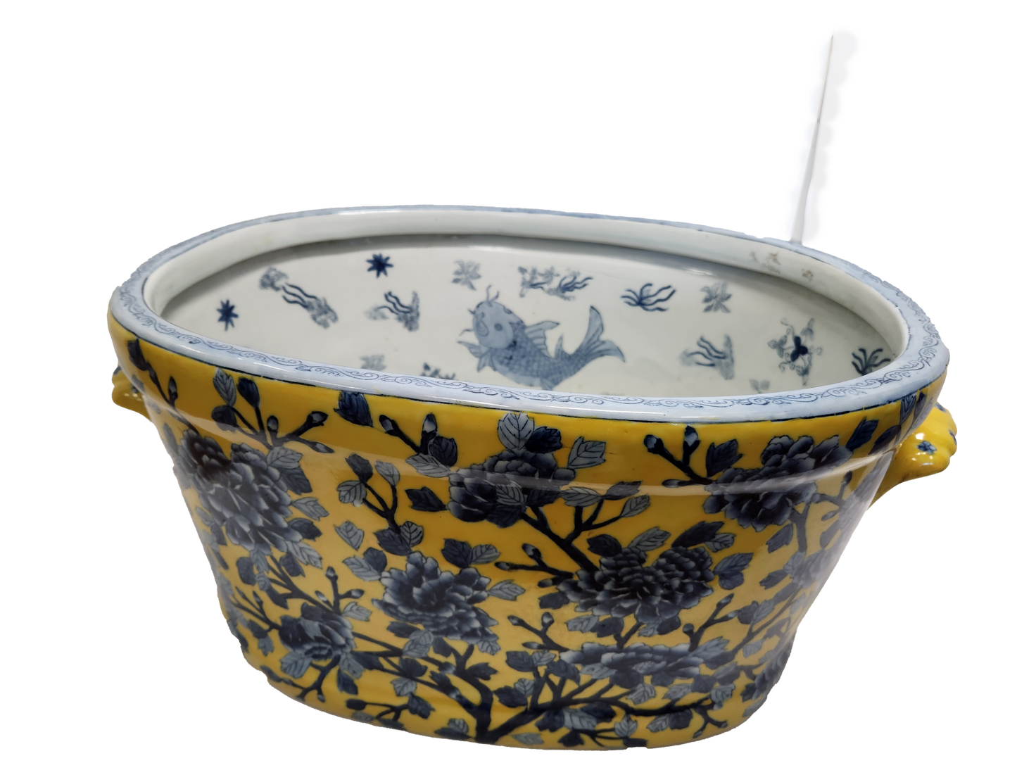 Beautiful Blue and Yellow Fish Bowl Vessel with Handles