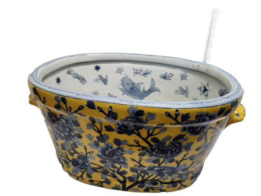 Beautiful Blue and Yellow Fish Bowl Vessel with Handles
